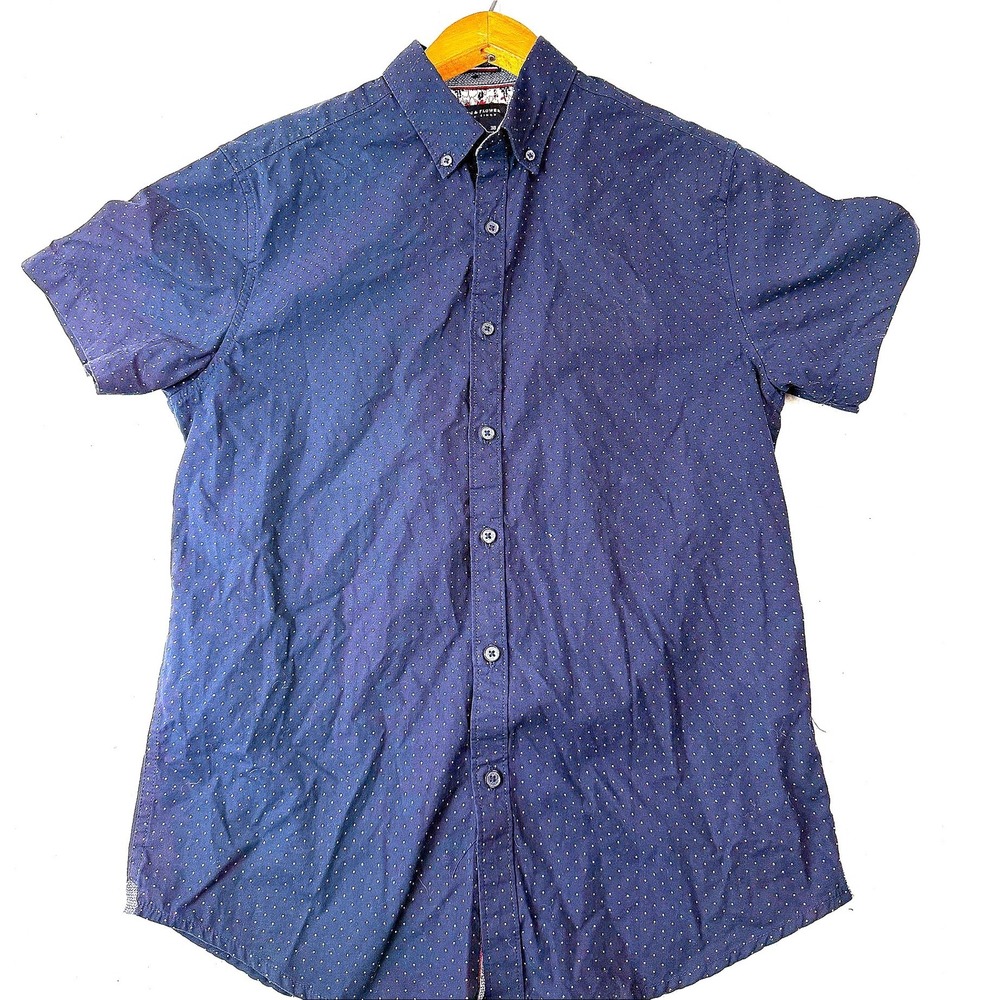 Denim & Flower Ricky Singh Mens Small Slim Fit Navy Blue Micro Dot Button Shirt